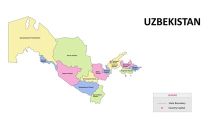  Uzbekistan Map. State map of Uzbekistan. State map of Uzbekistan in colour with capital.