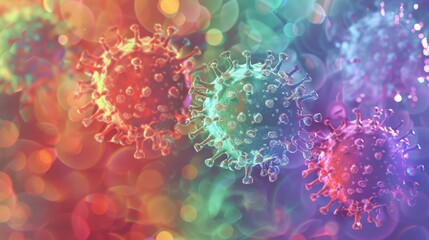 Aufkleber - Four colorful, microscopic images of the coronavirus. The background is a bokeh of blurred colored lights.