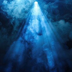 Poster - A powerful blue spotlight beaming through a dense haze of smoke, creating a striking and atmospheric visual effect. 