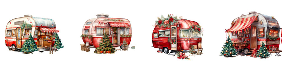 Watercolor of a red camping van on Christmas season isolated on a transparent background