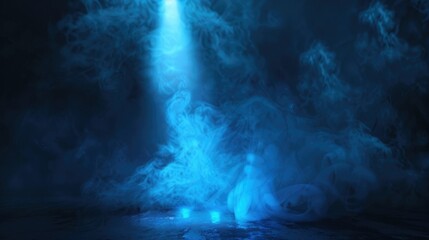 Poster - A focused blue vector spotlight illuminating a dark scene with a cloud of smoke, creating an intense and dramatic effect.