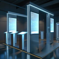 Poster - A 3D render of a blank booth system with interactive elements, such as touch screens or digital displays. 