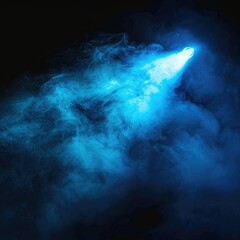 Poster - A dynamic blue spotlight cutting through smoke on a black background, creating a dramatic, stadium-like atmosphere. 