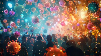 Fototapete - Silhouettes of people at a concert with colorful virus particles floating in the air.