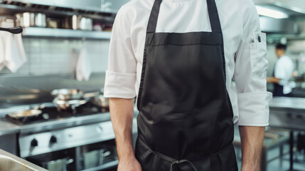 Wall Mural - Man wearing black apron mock up in the modern kitchen, chef uniform for cooking