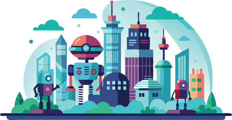 A cityscape with robots and buildings