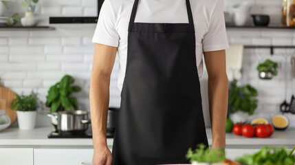 Wall Mural - Man wearing black apron mock up in the modern kitchen, chef uniform for cooking