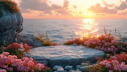 Wall Mural - An advertising podium for advertising goods, a round stone podium with flowers on the background of the setting sun , water and rocks, a sea with splashes of waves and a water surface