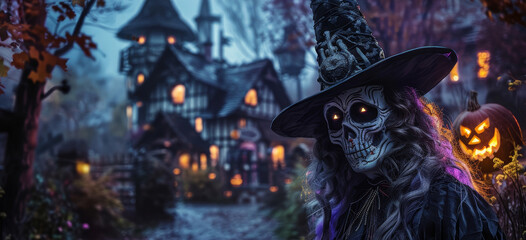 Scary mystical character for Halloween. Scary figure in a dark hat with glowing eyes, standing in a spooky outdoor setting with red lights