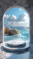 Wall Mural - Vertical Stone round podium on the background of water, ocean with splashes of waves and water