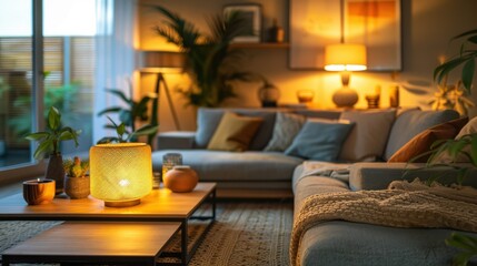 Sticker - Create a cozy living room scene with modern furniture and soft lighting. 