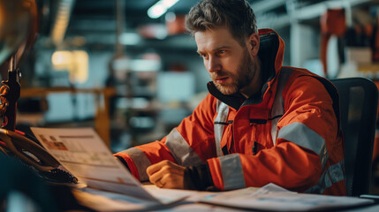 Poster - A man in orange jacket sitting at a desk with a stack of papers in front of him. He is focused on the papers, possibly working on a project or reading through some documents.Generate ai illustration