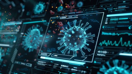 Poster - A digital representation of a coronavirus on a computer screen with various graphs and data in the background.