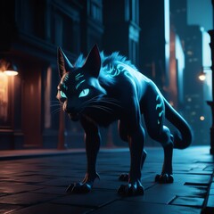 Wall Mural - In the dimly lit streets of a neo-noir metropolis, a phosphorescent cryptic familiar emerges from the copy space