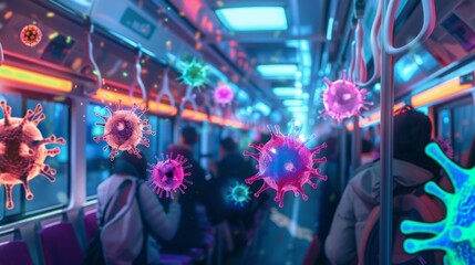 Aufkleber - Passengers ride a public bus, unaware of the virus particles spreading around them.