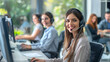 © Mahemud - Happy call center team of smiling business operators providing phone services, working with headsets and desktop computers at the call center.