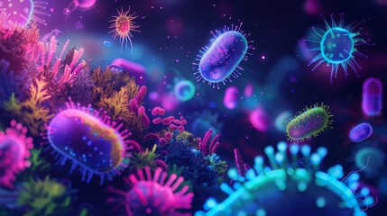 Fototapete - A vibrant, colorful, microscopic view of various bacteria and viruses, floating in a dark blue background.