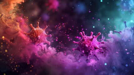 Fototapete - Two viruses, one red and one purple, are shown against a background of colorful smoke and particles.