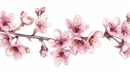 Wall Mural - hand drawn botanical pattern of cherry blossom in watercolor isolated on a white background