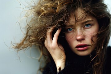 A woman with long hair and a blue eye is wearing a black sweater