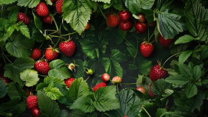 Wall Mural - Strawberries and cherries among green leaves in a lush garden setting.