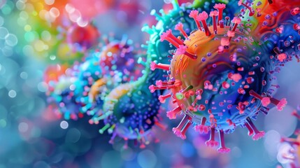 Aufkleber - A colorful virus, rendered in 3D, is shown up close with other viruses in the background.