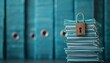 © Anatthaphon - Stack of office folders secured with a lock, symbolizing data privacy and information security, with blue background and folders in the backdrop.
