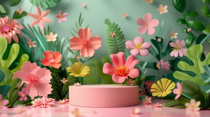 Poster - Product cosmetic podium with flowers leaves