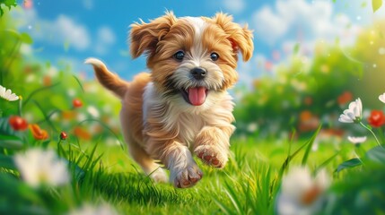 Draw a playful puppy in a lush green backyard