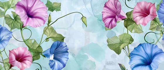 Wall Mural - fantasy vintage botanical Morning Glory flowers wallpaper background featuring a beautiful digital illustration motif ideal for floral pattern fabric print cover invitation poster banner