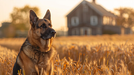 A German Shepherd guards a rustic farmhouse, set against a sprawling golden wheat field. The dog's loyal presence contrasts beautifully with the peaceful rural scenery.

