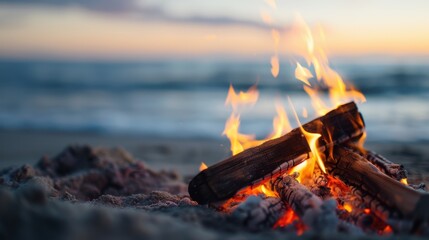 Vivid flames rise from a campfire on a sandy beach, with the ocean as a beautiful backdrop, providing a relaxing and inviting environment in the evening twilight.