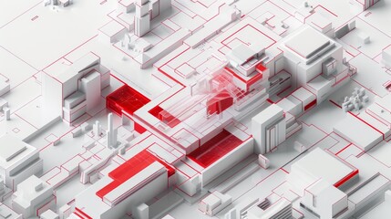 Wall Mural - Cool image modern hyperrealistic scan and lines, 3D render, red and white color, isometric view on white background, 