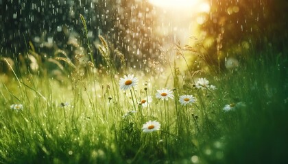 Wall Mural - Thickets of grass and daisies in the forest on the lawn during the rain