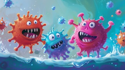 Leinwandbilder - Three cartoon germs are splashing in blue water. They have big smiles and sharp teeth. One germ is orange, one is pink, and one is blue.