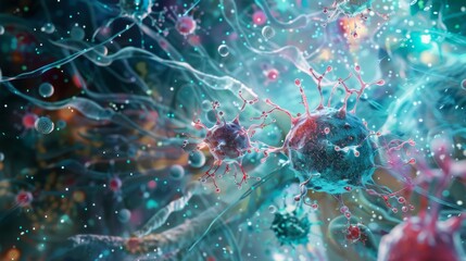Fototapete - A close-up view of virus cells in a blue and green environment, with smaller particles floating around them.
