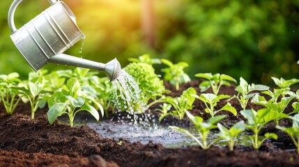 Canvas Print - Watering young plants in the garden.