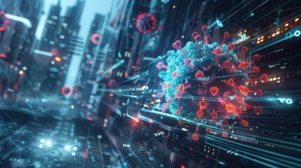 Fototapete - A 3D rendering of a futuristic cityscape with a large model of a coronavirus in the foreground.