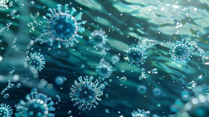 Aufkleber - Blue virus particles float in a blue liquid, appearing as if they are underwater. Some are in focus while others are blurry in the background.