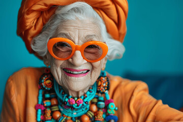 Joyful elderly woman in vibrant colorful clothing with bright orange sunglasses, laughing and smiling, playful granny posing in studio with extravagant style and trendy neon outfit