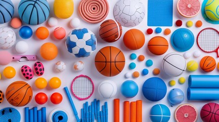 diverse array of sports equipment neatly organized on a pristine white backdrop, including colorful 