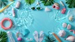 © konlawat - Collection of swimming accessories featuring goggles, swim caps, and flippers, artfully arranged around a clear blue pool with sparkling water