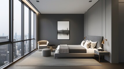 Wall Mural - Modern luxury bedroom with a spacious layout, featuring a statement wall, high-end furniture, floor-to-ceiling windows, and a cozy sitting area with a designer armchair and a side table. Copy space