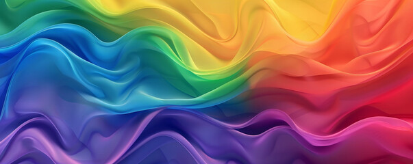 Wall Mural - A rainbow gradient colored wavy abstract background, showcasing smooth, flowing waves in vibrant hues of red, orange, yellow, green, blue, and purple. The waves blend seamlessly, creating a dynamic