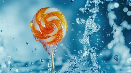 Wall Mural - Swirled lollipop with vibrant colors and splashing water background