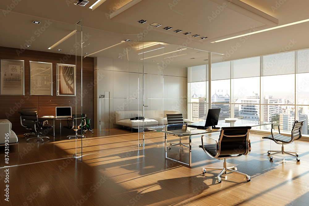 Contemporary office space with glass partitions, modern furniture, and ...