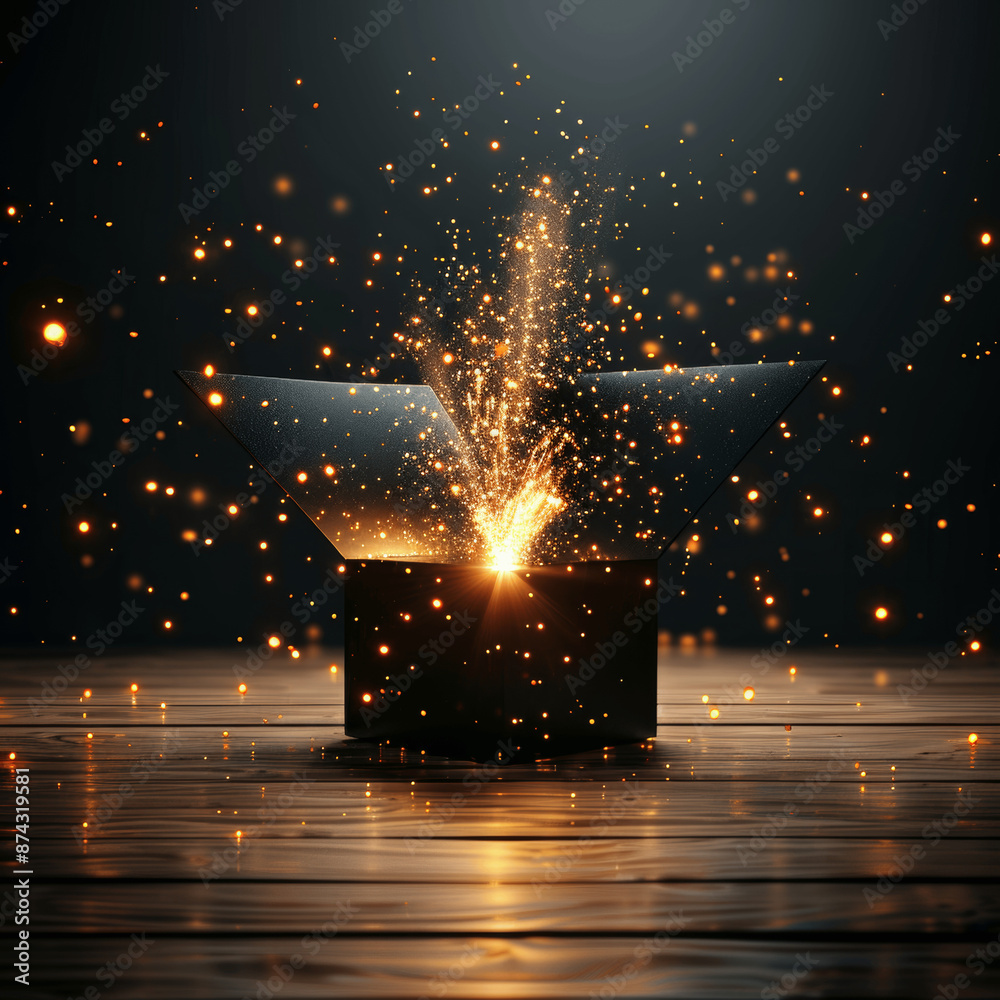 Gleaming Black Gift Box Bursting with Magical Sparkles on Wooden Floor ...