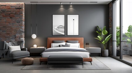 Wall Mural - Modern luxury bedroom with an industrial design, featuring exposed brick walls, sleek furniture, and minimalist decor, creating a stylish and contemporary space. Copy space for text, sharp focus and