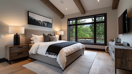 Wall Mural - Elegant bedroom with a rustic design, featuring reclaimed wood furniture, cozy textiles, and warm lighting, creating a charming and comfortable retreat. Copy space for text, sharp focus and clear