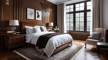 Wall Mural - Elegant bedroom with a Victorian design, featuring antique furniture, rich fabrics, and ornate decor, creating a timeless and luxurious ambiance. Copy space for text, sharp focus and clear light,